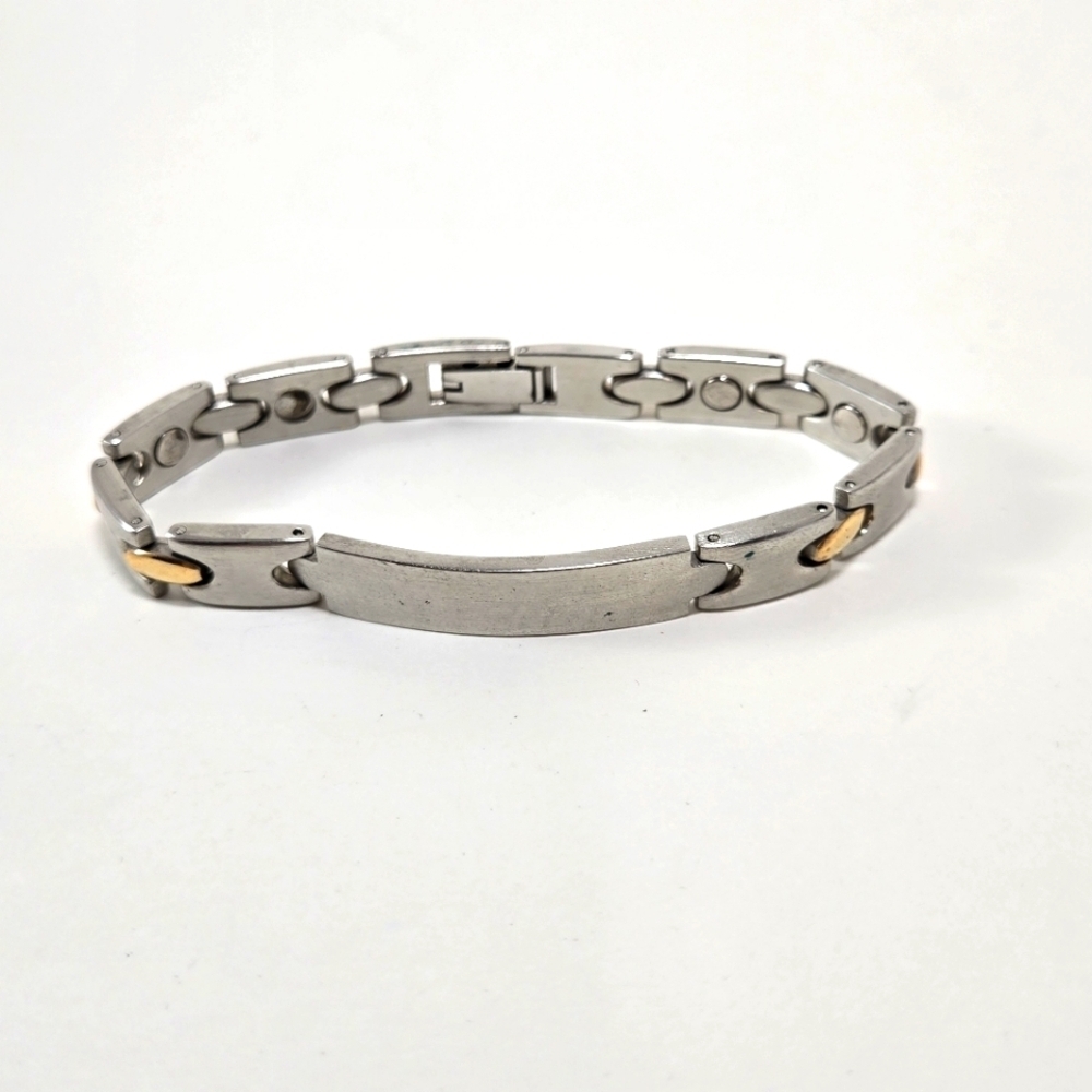 Engravable Silvertone Bracelet Goldtone Links 8" Long Unisex Excellent Condition